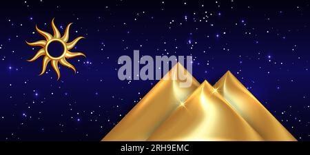 Symbols of ancient Egypt in old gold style. Sun god and  pyramids. Vector banner illustration isolated on blue starry background Stock Vector