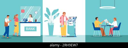 Bank set of three square compositions with doodle characters of clients with cashier clerk and terminal vector illustration Stock Vector