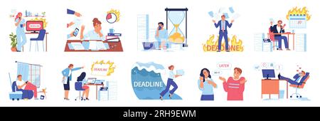 Set with isolated procrastination project deadline compositions with failed multitasking workers piles of paper in fire vector illustration Stock Vector