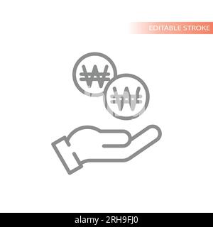 Money Korean won coin and hand icon. Simple South Korea currency line vector symbol. Stock Vector