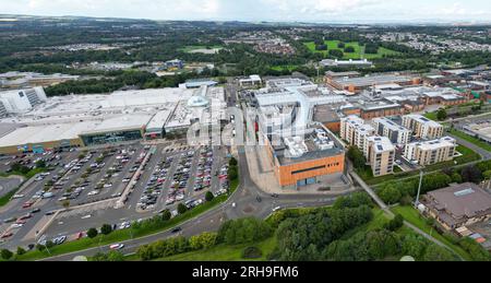 Aerial panoramic view of Livingston town centre, Livingston, West Lothian, Scotland. Stock Photo