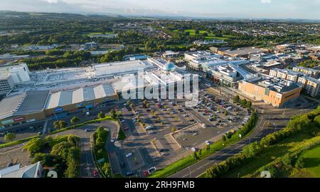 Aerial panoramic view of Livingston town centre, Livingston, West Lothian, Scotland. Stock Photo