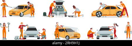 Set with isolated car washing flat compositions with views of workers in uniform cleaning up cars vector illustration Stock Vector