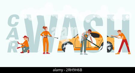 Car washing composition with flat text and foam surrounded by workers in orange uniform with tools vector illustration Stock Vector