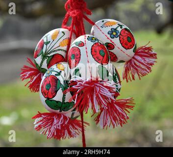 Composition of decorative Easter eggs painted in the Ukrainian style Stock Photo