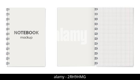 Open and closed notebook mockup realistic composition with views of notebook pages and cover with text vector illustration Stock Vector