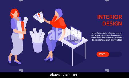 Interior design isometric horizontal banner with female designers working in office vector illustration Stock Vector