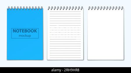 Open and closed notebook mockup set with realistic views of flipping notebook with cover and pages vector illustration Stock Vector