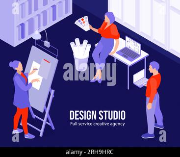 Creative agency design studio poster with team of interior designers working together isometric vector illustration Stock Vector