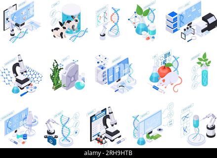 Set with isolated biotechnology compositions of isometric icons with lab equipment molecular structures and computer workplaces vector illustration Stock Vector