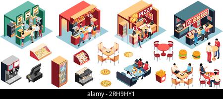 Food court isometric set of interior elements eating people and vendors taking orders isolated vector illustration Stock Vector