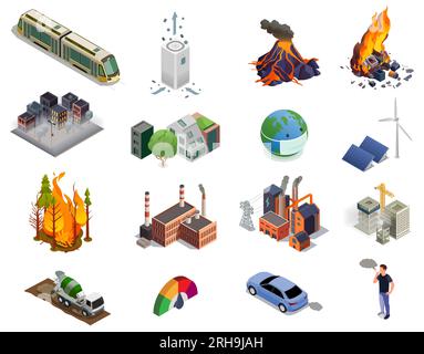 Air pollution by factories exhaust fumes natural disasters isometric icons set isolated vector illustration Stock Vector