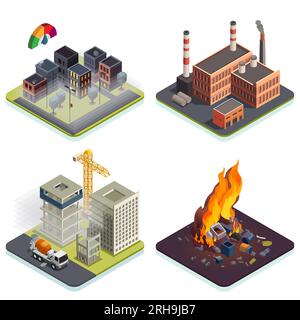 Air pollution isometric set with smoggy city construction site factory burning waste isolated vector illustration Stock Vector