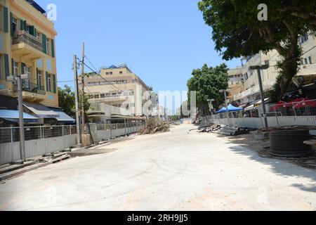 July 2023, Tel-Aviv Israel. Allenby street closed for works on laying the tracks for the Light Rail Purple line . Stock Photo