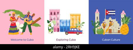 Cuba travel flat design concept with dancing cuban people and culture elements isolated vector illustration Stock Vector