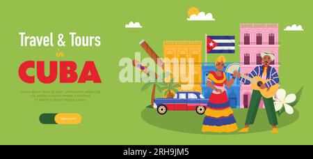 Travel and tours in cuba horizontal banner in flat style with dancing cuban people colorful houses car cigars on green background vector illustration Stock Vector