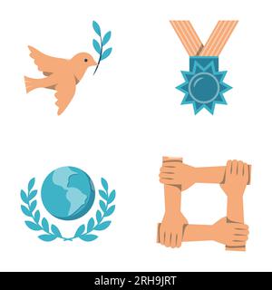 Peace diplomacy icon set in flat style. International cooperation, dove of peace symbols. Vector illustration. Stock Vector