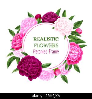 Realistic round frame template with blooming peonies and green leaves vector illustration Stock Vector