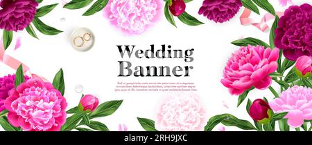 Realistic horizontal wedding banner with pink peony flowers and pair of rings vector illustration Stock Vector