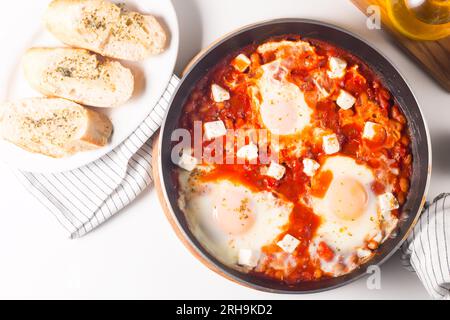 Shakshuka made of poached eggs in tomato pepper sauce Stock Photo