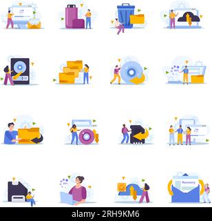 Tiny people back up data and recover files flat icons set isolated vector illustration Stock Vector