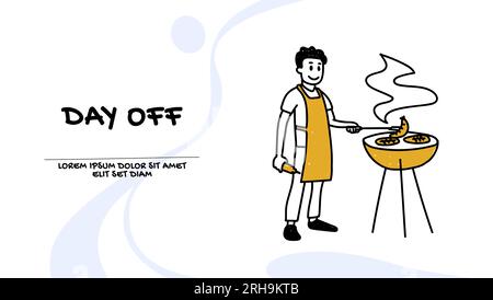 Vector of a happy young man enjoying his day off spending time on outdoors having barbecue Stock Vector