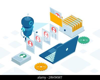 Isometric vector of a robot analyzes employee database or personnel. Data processing and HR services concept Stock Vector