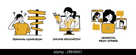 Online education vector set. Vector of young people learning online Stock Vector