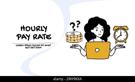 Hourly pay rate concept. Vector of a young woman balancing financial reward time spend to do a job Stock Vector