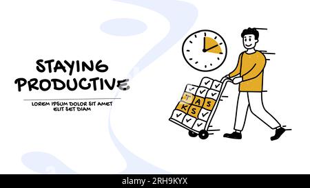 Productive workflow and task management concept. Vector of a young man staying productive. Stock Vector