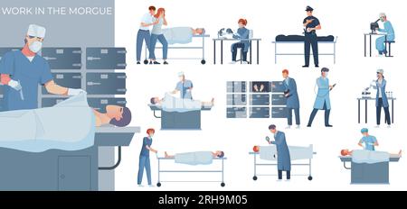 Morgue forensic pathologist flat composition with doodle medical specialist with corpse and set of isolated icons vector illustration Stock Vector