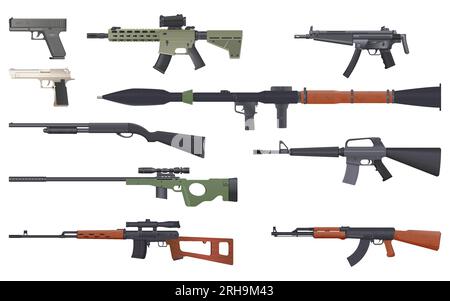 Weapon war realistic set of isolated icons with various types of guns rifles pistols and shotguns vector illustration Stock Vector