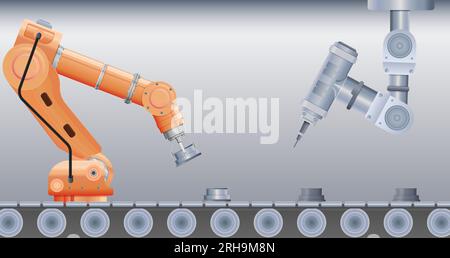 Robot manipulator arm realistic composition with view of robotic arms on moving assembly line with goods vector illustration Stock Vector