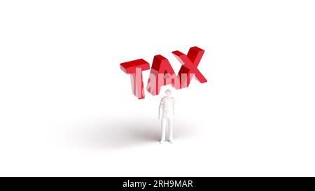 The red inscription the word TAX falls on a man and breaks him into pieces 3d render Stock Photo