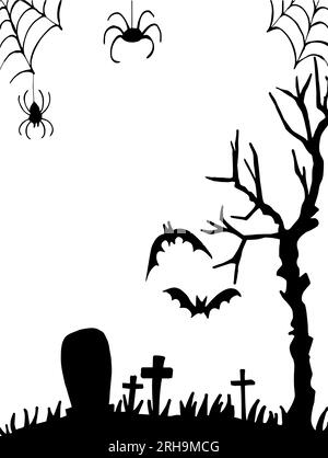 Background for Halloween. Spiders, cobwebs and bats. Tree and cemetery. For a spooky Halloween holiday. Stock Vector