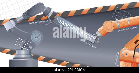 Robot manipulator arm composition with collage of realistic icons images of industrial robotic arms and text vector illustration Stock Vector