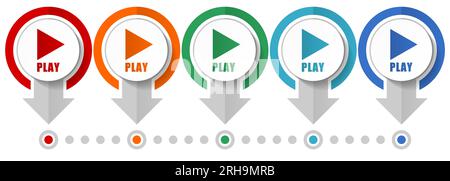 Play vector icon set, flat design infographic template, set pointer concept icons in 5 color options for webdesign and mobile applications Stock Vector