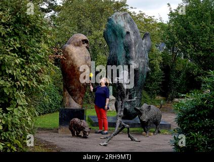 Silke Lohmann prepares a collection of animal sculptures during a photo call in Billinghurst, West Sussex, for Summers Place Auctions's sale of an exceptional private collection of Contemporary British sculpture which takes place on September 26. The 72 lots include small sculptures for the home as well as monumental sculptures. Picture date: Tuesday August 15, 2023. Stock Photo