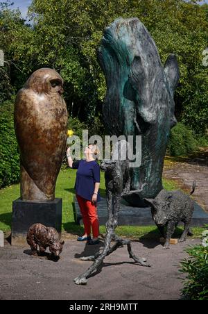 Silke Lohmann prepares a collection of animal sculptures during a photo call in Billinghurst, West Sussex, for Summers Place Auctions's sale of an exceptional private collection of Contemporary British sculpture which takes place on September 26. The 72 lots include small sculptures for the home as well as monumental sculptures. Picture date: Tuesday August 15, 2023. Stock Photo