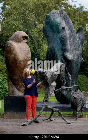 Silke Lohmann prepares a collection of animal sculptures during a photo call in Billinghurst, West Sussex, for Summers Place Auctions's sale of an exceptional private collection of Contemporary British sculpture which takes place on September 26. The 72 lots include small sculptures for the home as well as monumental sculptures. Picture date: Tuesday August 15, 2023. Stock Photo