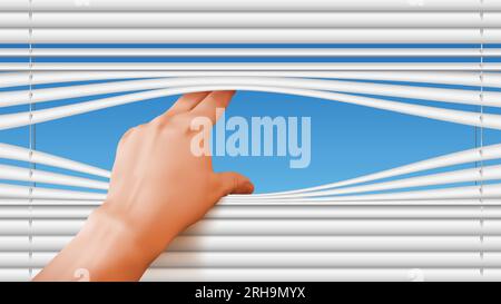Realistic window blinds composition with view of human hand spreading shutters with clear blue sky background vector illustration Stock Vector