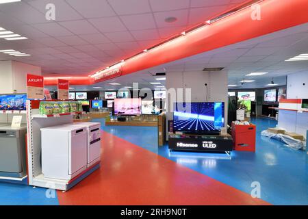 Moscow, Russia - Aug 14. 2023. Inside Mvideo shop of electronics and the home appliances in Zelenograd Stock Photo