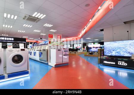 Moscow, Russia - Aug 14. 2023. Inside Mvideo shop of electronics and the home appliances in Zelenograd Stock Photo
