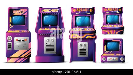 Realistic arcade game set with isolated front view images of retro gaming machines on blank background vector illustration Stock Vector