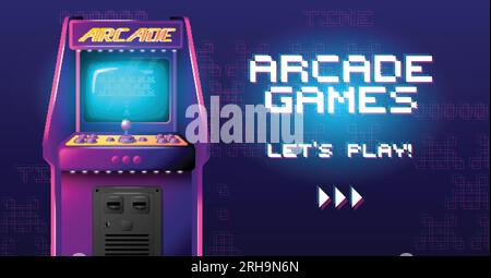 Realistic arcade game horizontal poster with ornate 8bit style text and view of retro game machine vector illustration Stock Vector
