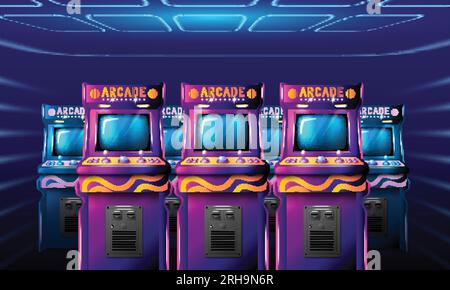 Realistic arcade game composition with indoor cyberpunk style interior and rows of vintage game playing machines vector illustration Stock Vector