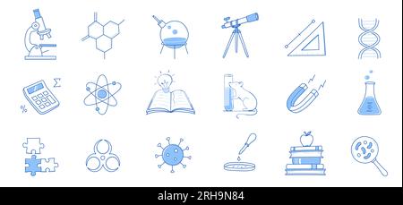 Laboratory doodle icon set. Hand drawn sketch line doodle style scientific education, chemistry laboratory, medicine experiment icon. Microscope, atom, magnet outline element. Vector illustration. Stock Vector