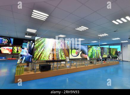 Moscow, Russia - Aug 14. 2023. Tv in Mvideo shop of electronics and the home appliances in Zelenograd Stock Photo