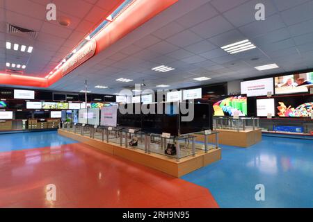 Moscow, Russia - Aug 14. 2023. Tv in Mvideo shop of electronics and the home appliances in Zelenograd Stock Photo