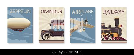 Vintage passenger carriage poster set with airplane and zeppelin realistic isolated vector illustration Stock Vector